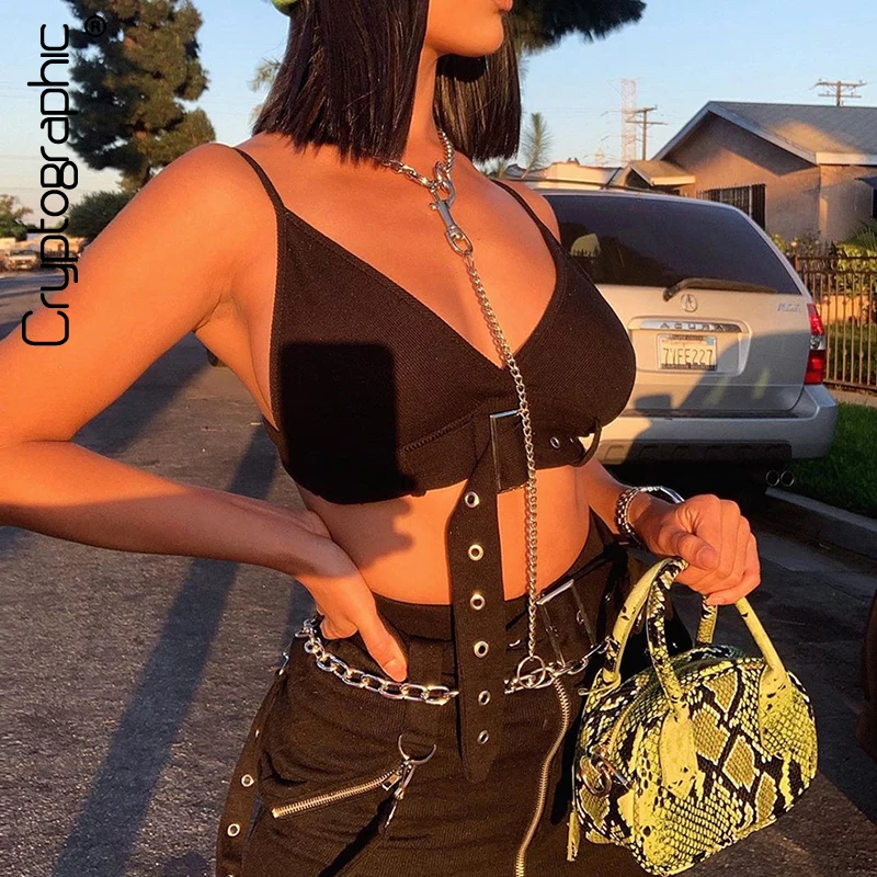 

Cryptographic Black Sexy V-Neck Bralette Crop Tops Sleeveless Solid Festival Tank Tops Vest Slim Streetwear Cropped Feminino