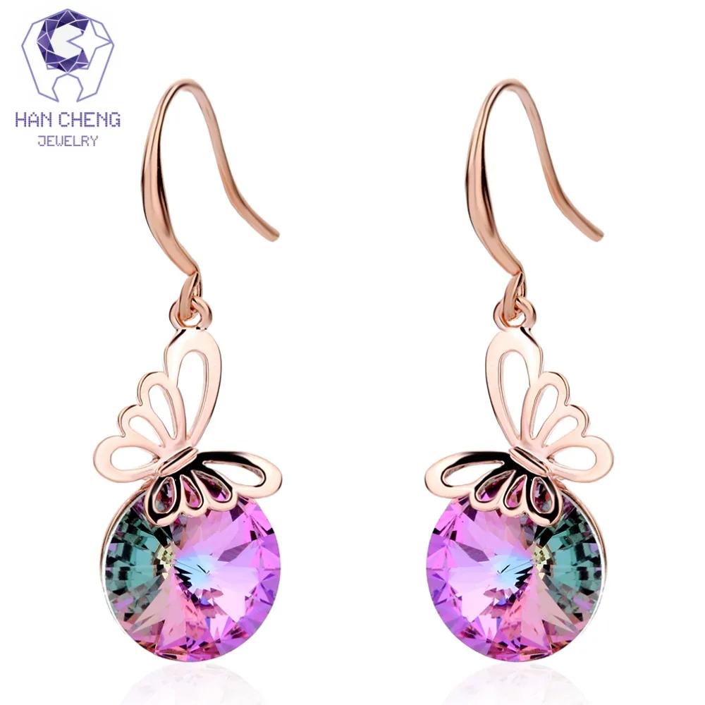 

HanCheng New Hollow Butterfly Golden Dangle Hanging Gem Stone Created Crystal Drop Earrings For Women Jewelry brincos bijoux