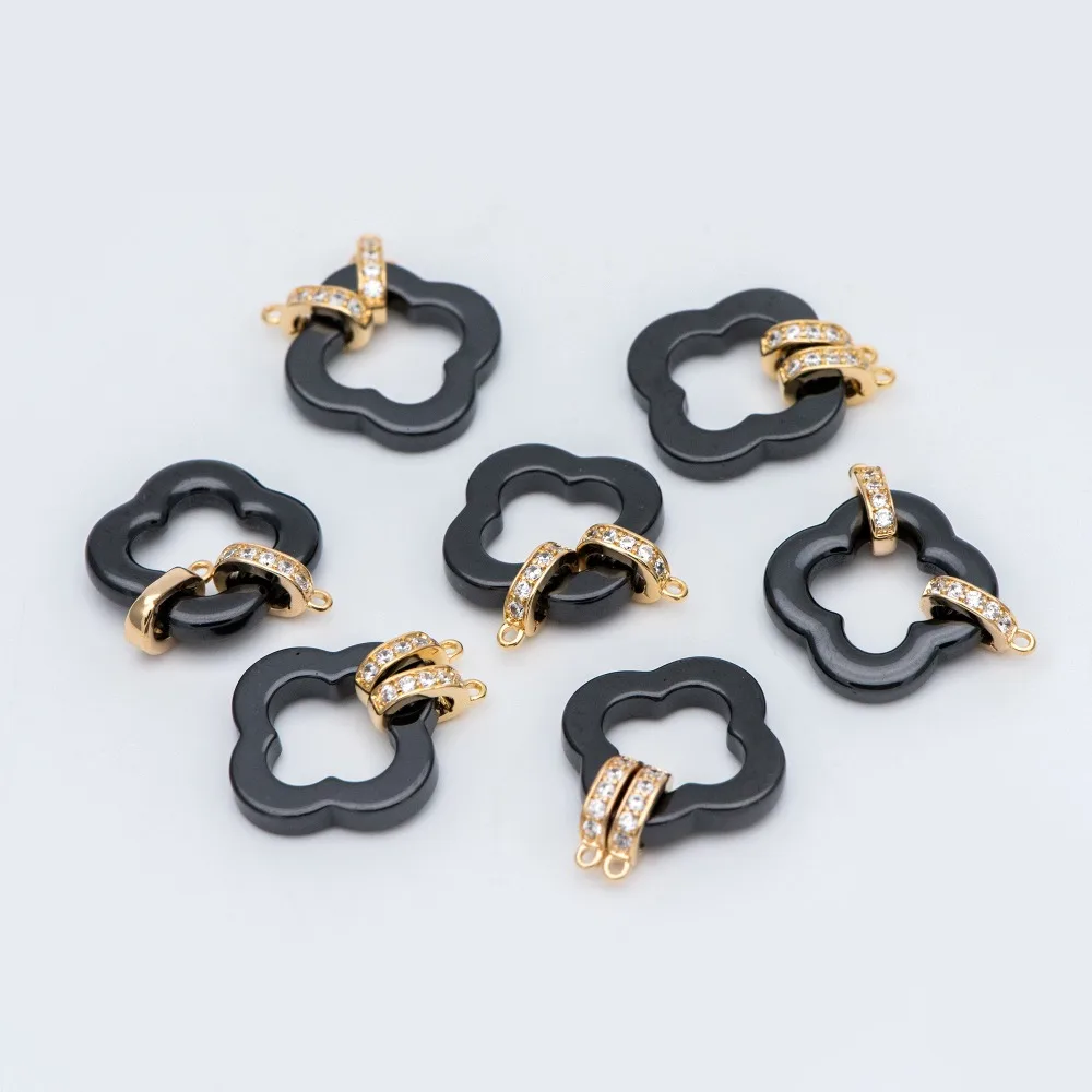 4pcs Gold CZ paved Clover Connectors, Gold Tone Brass, Black Ceramic Four Leaf Clover Pendants DIY Jewelry Making(GB-744