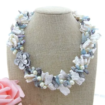 

N021209 20'' 4 Strands White Keshi Pearl Aquamarin Necklace