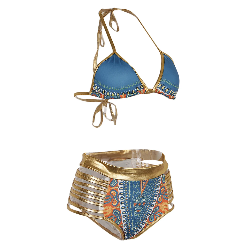 Vintage African Tribal Prints Bikini Swimsuit Bandage Swimwear Blue S Set of sexy swimsuit for women