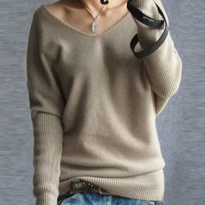 Весенне-осенние кашемировые свитера для женщин, модный сексуальный свитер с v-образным вырезом, свободный свитер из шерсти, рукав летучая мышь, пуловер размера плюс