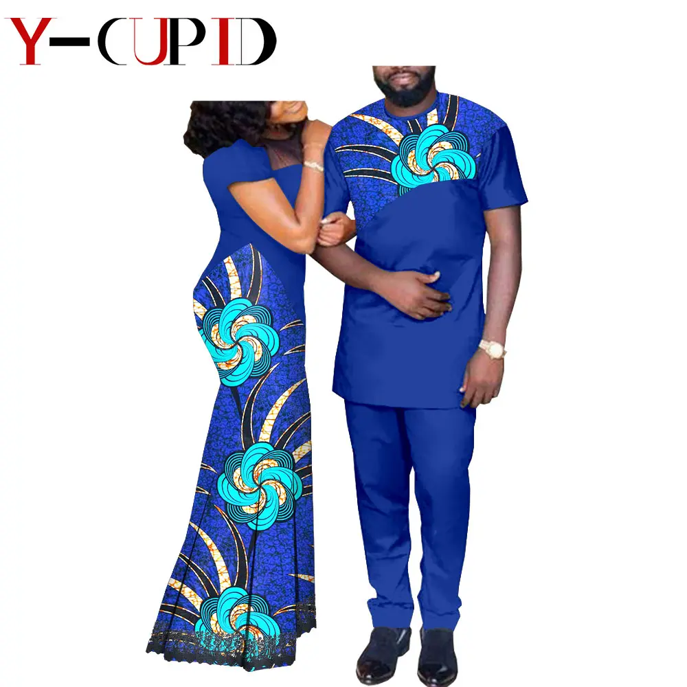 African Couples Clothes Bazin Riche Women Lace Long Dress And Bazin Riche Men Top And Pants Sets African Print Clothing A20C003