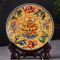 Fengshui Art Ceramic Ornamental Plate Ancient China Nine Dragons Decoration Wood Base Porcelain Traditional Chinese Plate Set 1