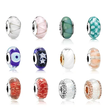

2019 100% 925 Sterling Silver 1:1 Stripe Waves Star Murano Glass Charm Evil Eye Glass Beads Original Jewelry Factory Wholesale