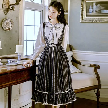 

2019 new fashion women's clothing Autumn and winter vintage dress blouse+ stripes dresses