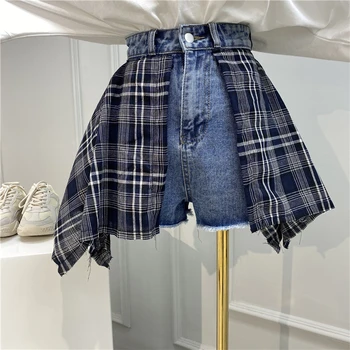 

Harajuku Shorts for Women 2020 Summer New Vintage Contrast Color Pendulum Joint Jeans Loose-Fit High Waist Wide-Leg Shorts Femme
