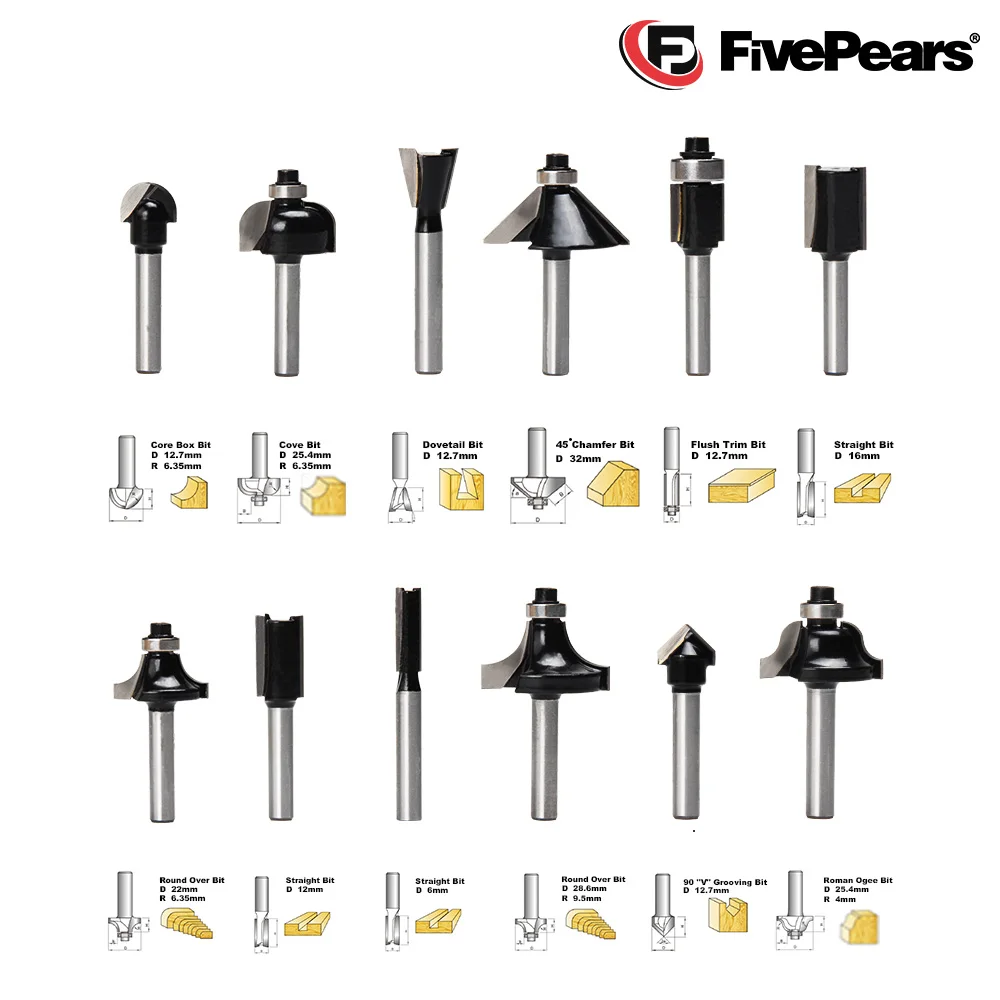Фрезы по дереву FivePears набор из 12 шт. 6 мм 8 1/4 дюйма 1/2 хвостовик фрезы дереву|router bit