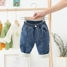 Повседневные зимние джинсы для маленьких девочек и мальчиков; брюки для детей; утепленные вельветовые брюки; коллекция года; детские длинные джинсовые брюки на пуговицах; S10318