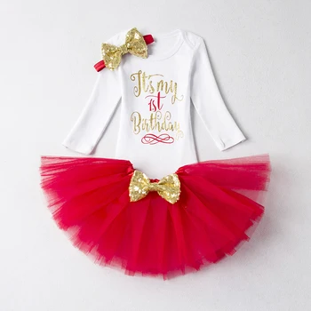 

Baby Girls 1st Birthday Party Dress for Little Kids Cotton Romper + Tutu 3pcs Dress + Headband Toddler Children Baptism Clothes