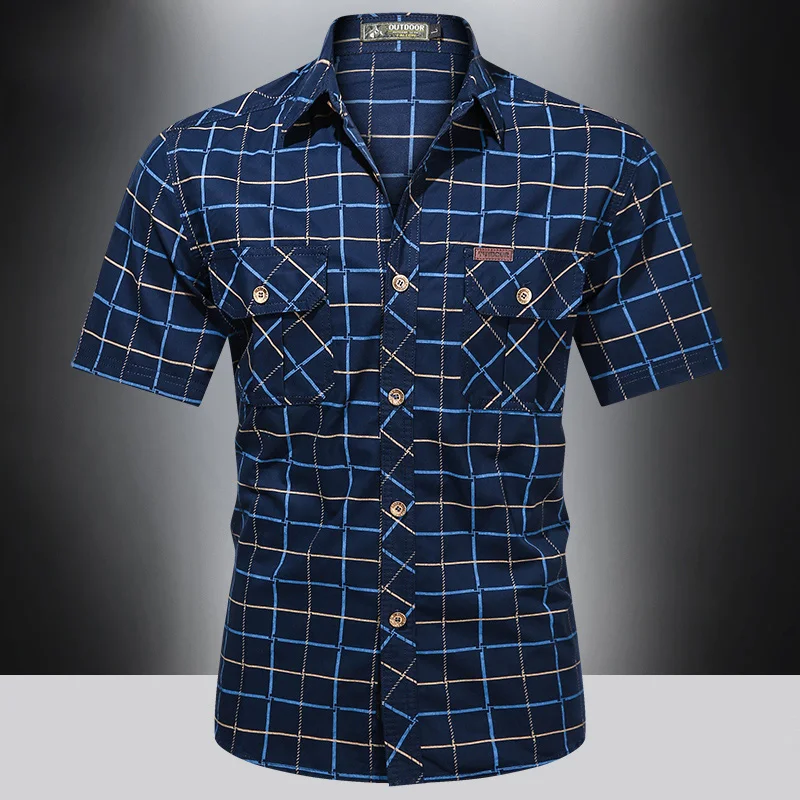 Fashion Mens Plaid Shirt Short Sleeve Bomber Military Shirts 100% Pure Cotton High Quality Business Casual Lapel Shirt Men 2022 short sleeve dress shirts Shirts