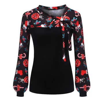 

Office Lady Shirt Women Tie-Bow Neck Print Long Sleeve Splicing Shirt Blouse Loose Shirts Blouses Woman camiseta mujer 11.25