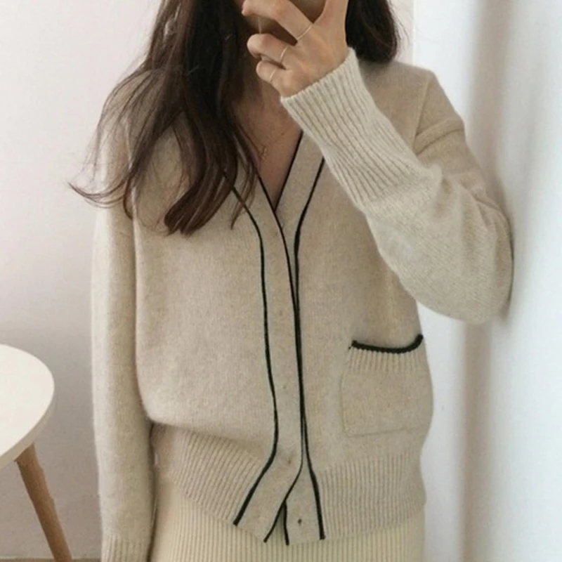 FMFSSOM Spring Autumn Vingtage Strip Single Breasted Pocket Loose Knitted Warm Women Lady Female Cardigan Sweater |