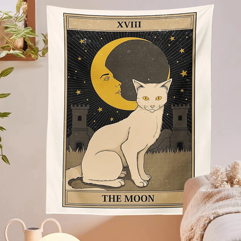 Cat Divination Witchcraft Tarot Card Tapestry Wall Hanging Tapestries Baphomet Occult Home Wall Moon phase Mat Decor Cat Coven Tapestry Decorations