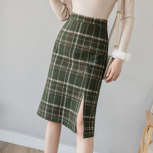 Army green plaid Миди юбки для женщин Весна Осень Зима Одежда элегантные женские юбки мода корейский стиль Клетчатая Шерстяная Юбка с высокой талией - Цвет: Army green plaid