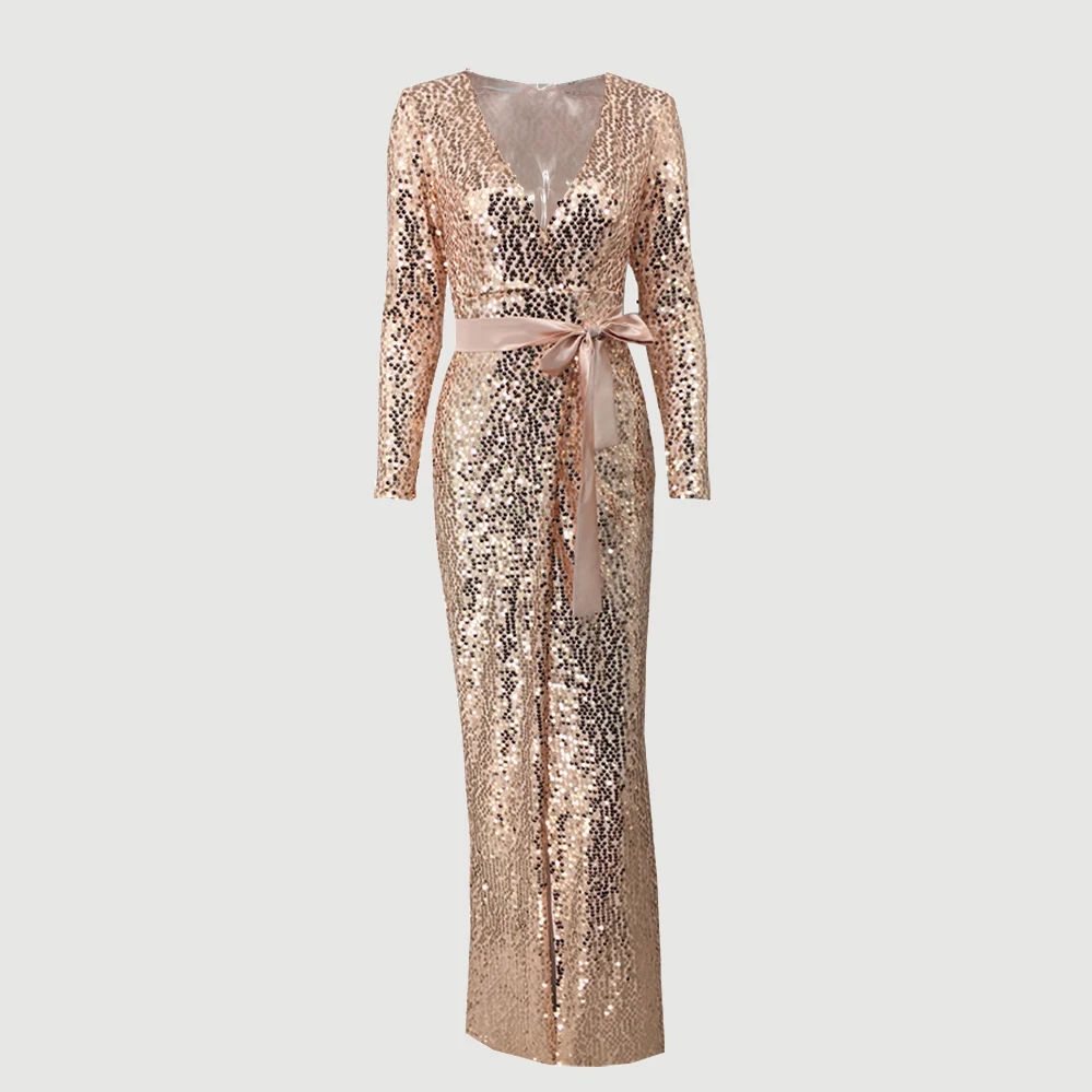 

Robe de soiree New Sequins Long Prom Dresses 2019 V-Neck Long Sleeves bowknot Front Fork Floor Length Evening Dresses Slit