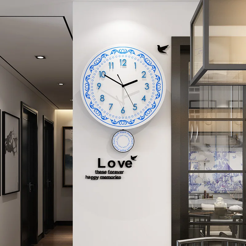 Chinese Traditional Swing Wall Clock Modern Design Blue White Porcelain Pattern Digital Relol Para Casa Pendulum Clocks B50 | Дом и сад