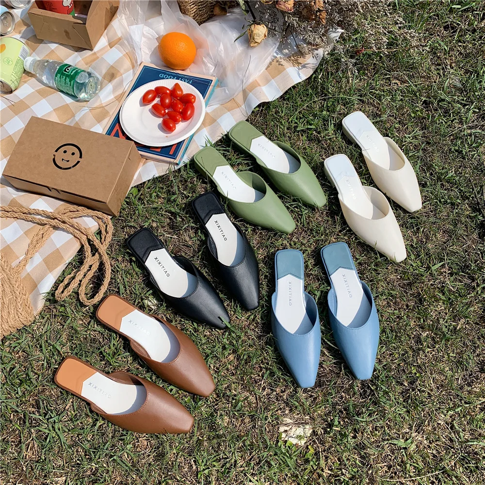 

Ins 5 Colors Shallow Flat Shoes Fashion Online Star Slides Simple Solid Mules Ladies Slip On Low Heel Comfort Female Slippers