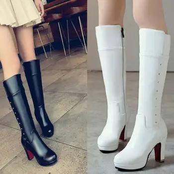 

Autumn Ladies Knee High Boots Block Heels Rhinestones Zipper Casual Party Shoes