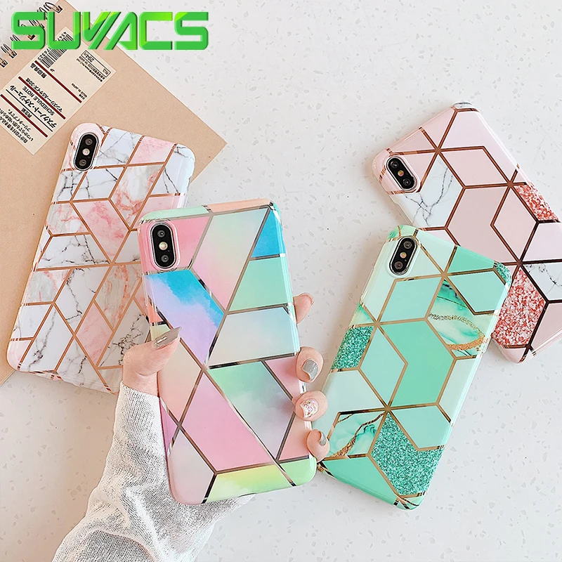 

SUYACS New Electroplated Marble Phone Case For iPhone 7 8 Plus X XR XS Max 6 6S Ring Stand Geometric Soft IMD Back Cover Bag