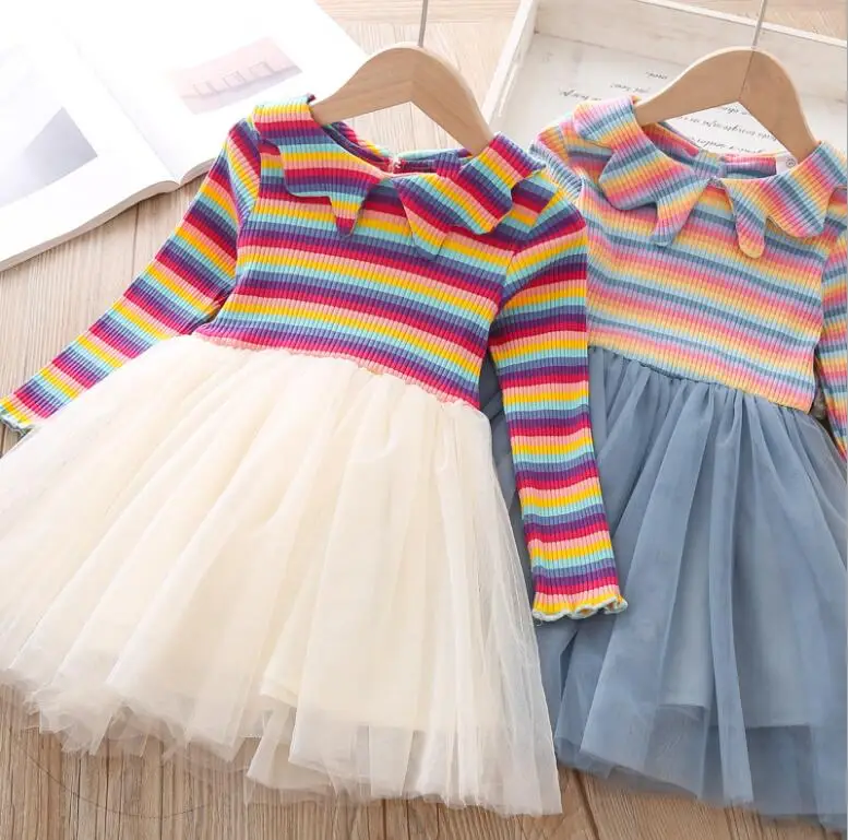 

2019 Fall Striped Mesh Dresses For Girls Princess, Children Cute Dress 5 pcs/lot, Wholesale