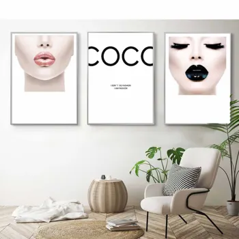 

Modern Fashion Women Black Pink Lips Canvas Painting COCO Wall Art Wall Pictures For Living Room Posters and Print Home Decor