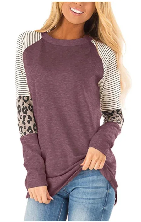 Women Striped Leopard Patch Baseball Long Sleeve T-Shirt Femme Plus Size Tee Top Shirt Korean Casual Basic Clothes Trendy Autumn