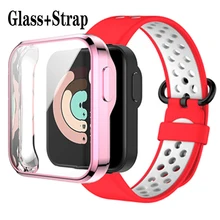 

Glass Full Protective Cover For XiaoMi Mi Watch Lite Silicone Breathable Watchbands For Watch Solid Lite Strap Protection Case