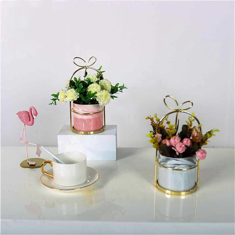 

Nordic Creative Plating Mini Flower Pots Cachepot Pot Stand Metal Holder Ceramic Succulent Orchid Balcony Art Planter Vase