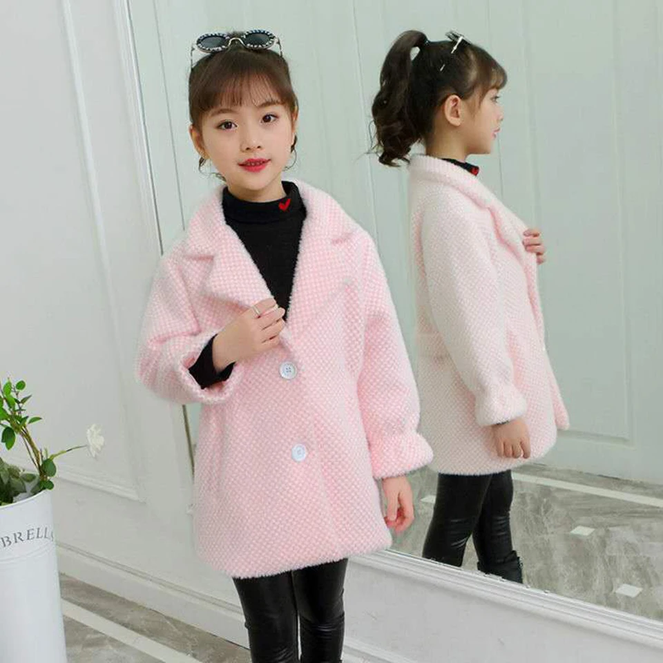 

Fashion Autumn Winter Girls Kids Outerwear Cute Solid Color Windbreaker Coats Fashion Woolen Girls Coat Children Clothing 4-12