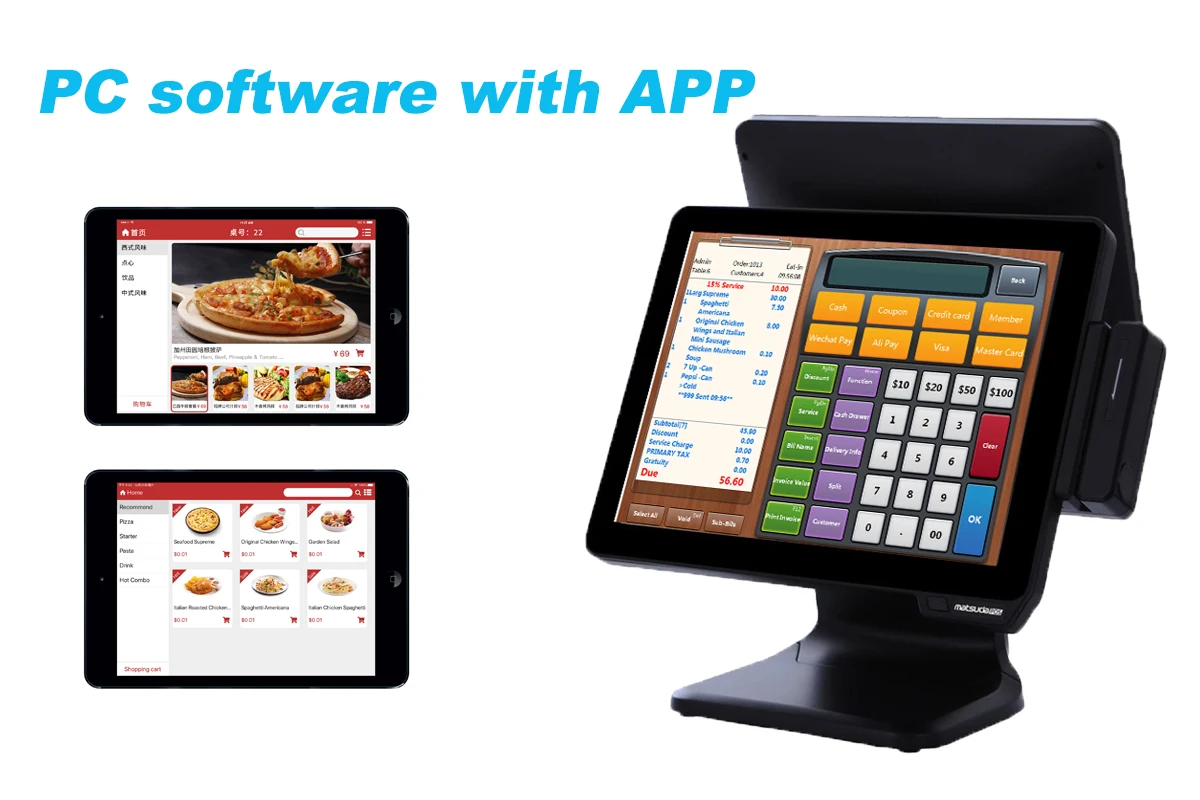 All in one POS Machine 15 inch touch screen with 12 inch customer display come with restaurant retail beauty software