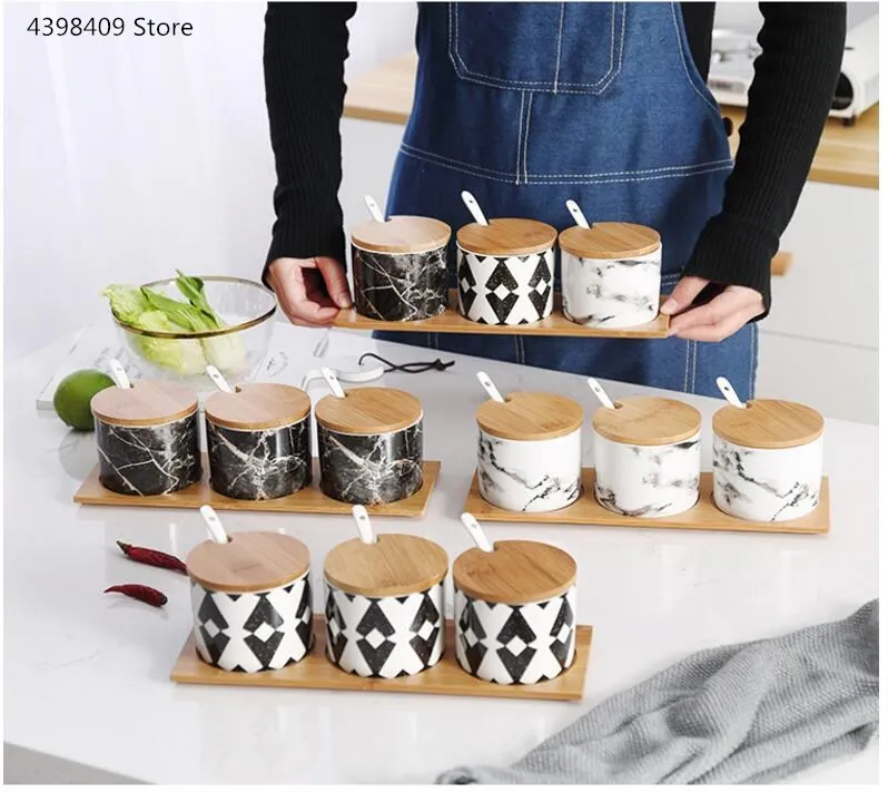 

Ceramic marbled seasoning jar creative Japanese home kitchen seasoning tool salt shaker seasoning box combination set