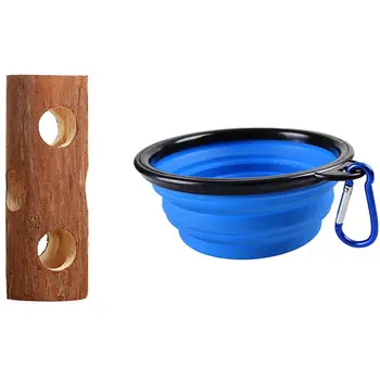 

Practical Silicone Collapsible Travel Feeding Bowl Food Water Dish Feeder Blue with Natural Wood Chew Toy- Perfect for Climbing