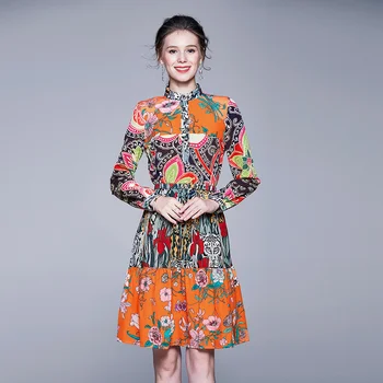 

2020 Tiger Flower Print Women Elegant Office Ladies Dresses Long Sleeve Female Crown Print Autumn Long Party Dress