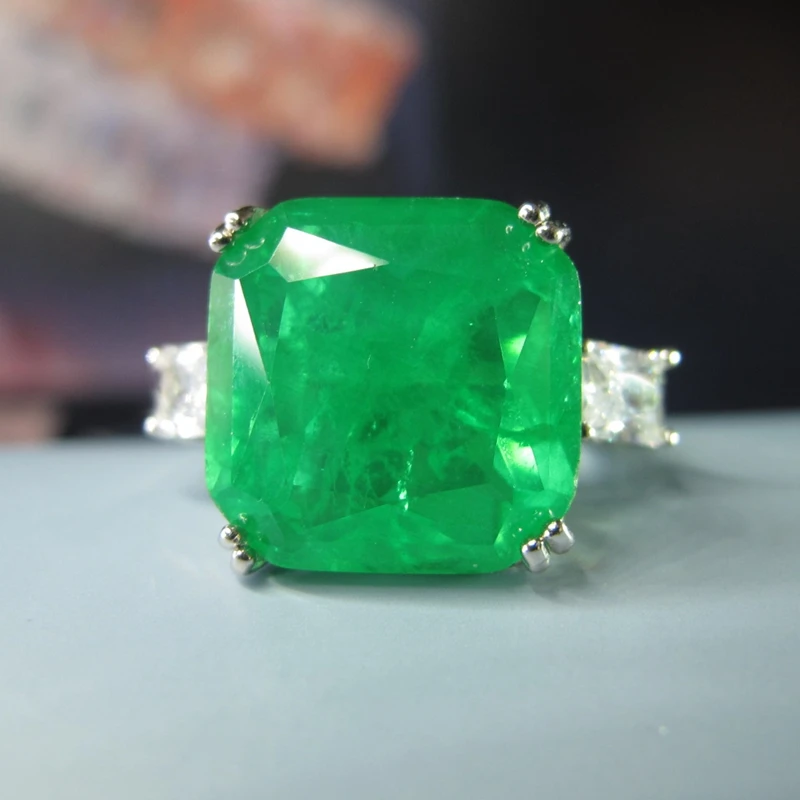 Огранка подушка 10ct искусственный изумруд камень кольцо с бриллиантом 925 серебро