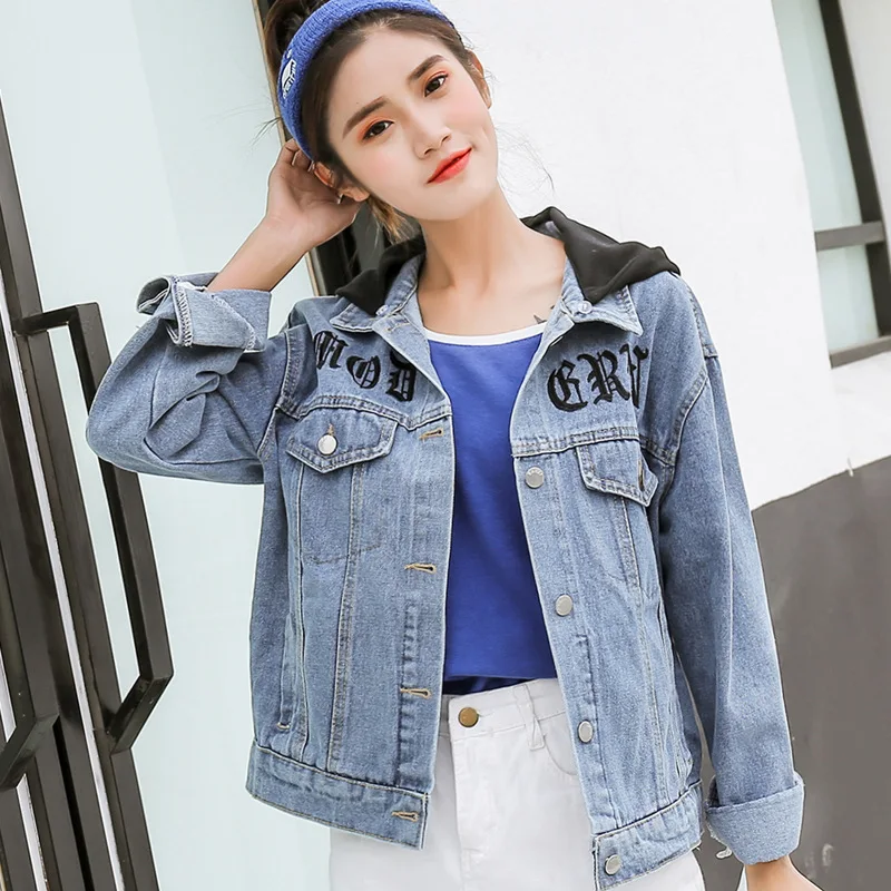 

Origional Photo Shoot 2019 Spring Gothic Printed Letter Washing Jacket Short Hooded Jacket Coat Women's
