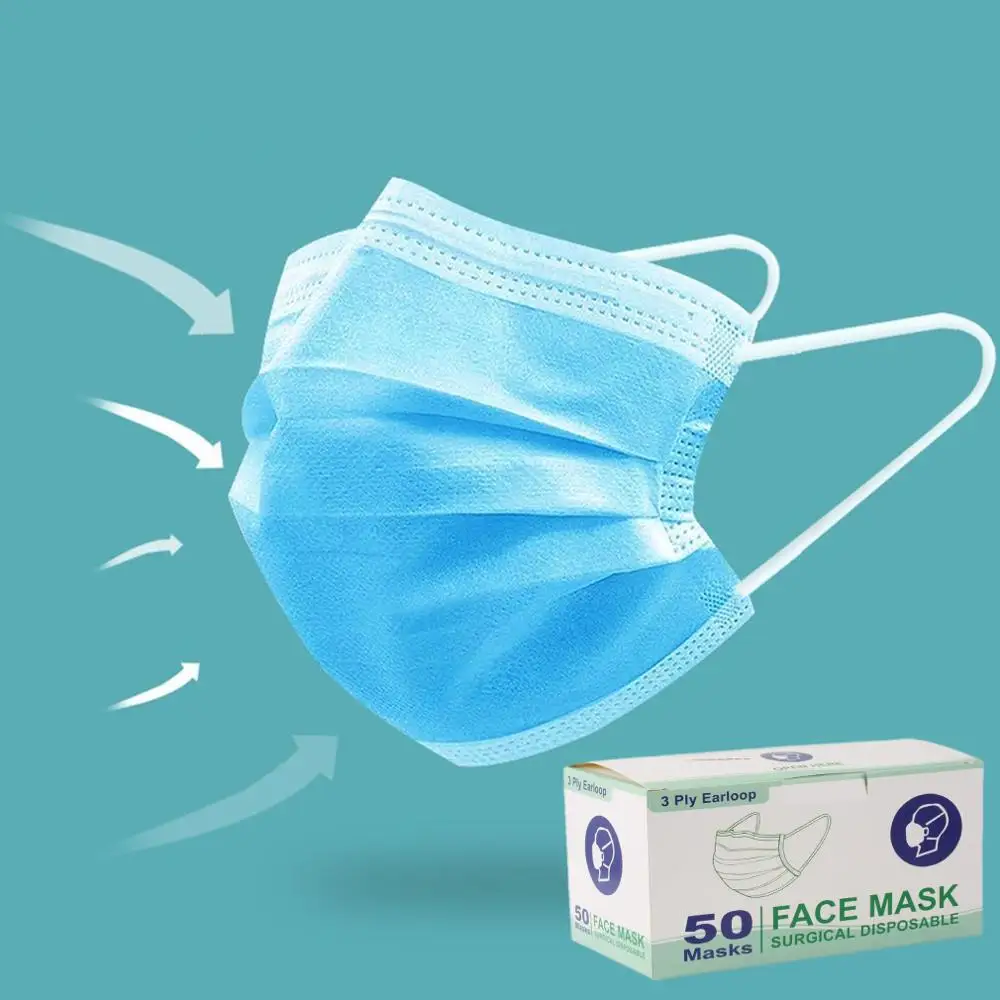 

50Pcs/box 3 layers Disposable Masks with box Meltblown Cloth Non-woven Fabric Anti Haze Anti-Dust Windproof Mouth Face Mask
