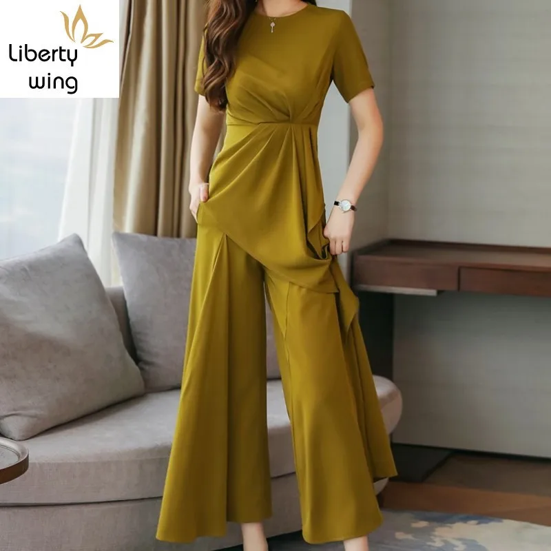 

2020 Two Piece Outfits Women Fashion Solid Short Sleeve Loose Straight Wide Leg Pants For Female Elegant Slim Lady Sets