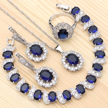 

925 Silver Jewelry Kits For Women Blue Cubic Zirconia Ring Bracelet Pendant Earrings Necklace Set Jewelry Sets Silver Set