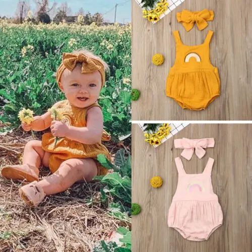 Newborn Baby Girl Embroidery Rainbow Romper Backless Jumpsuit Headband Soft Cotton Outfit Set Clothes Summer Linen Vestidos