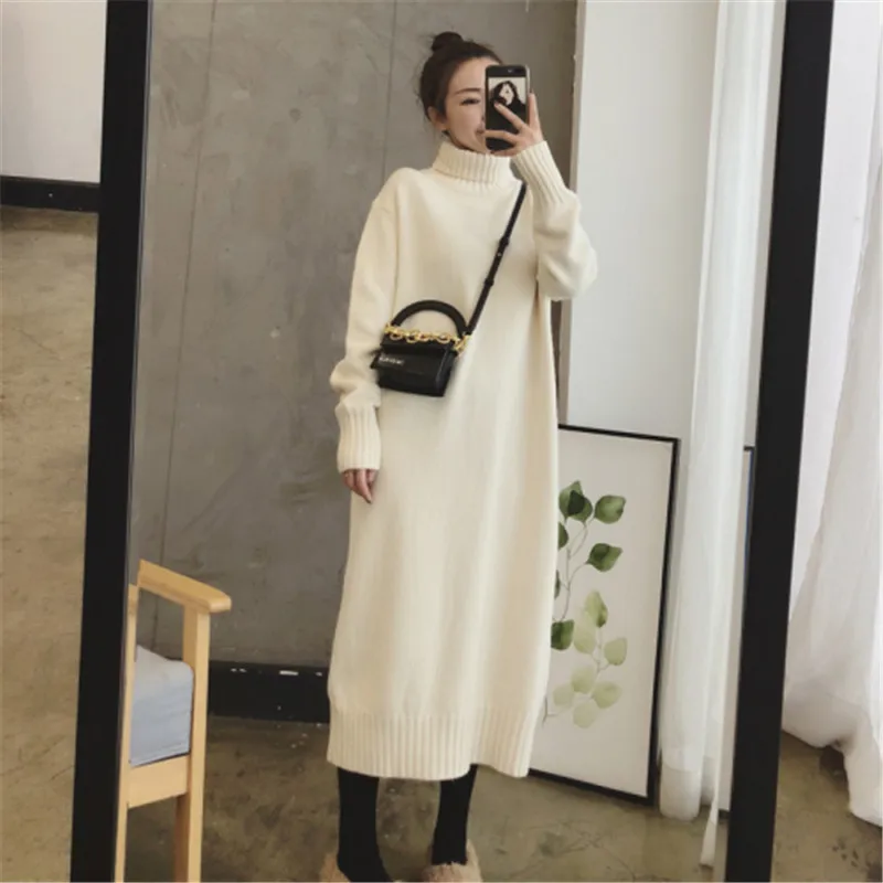 CBAFU korea loose sweater dresses women turtleneck dress long sleeve pullover knitted dress autumn winter knit clothing P542