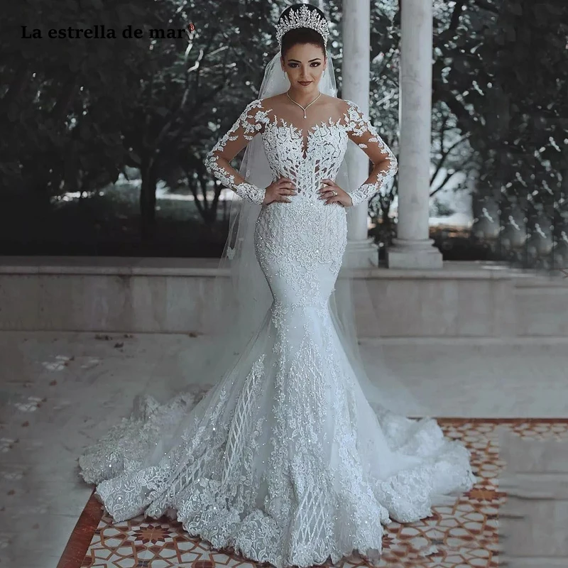 Vestido de noiva2019 новое из кружева, с вырезом на шее длинный рукав с бисером цвета слоновой кости пикантные свадебное платье с юбкой-годе длинный