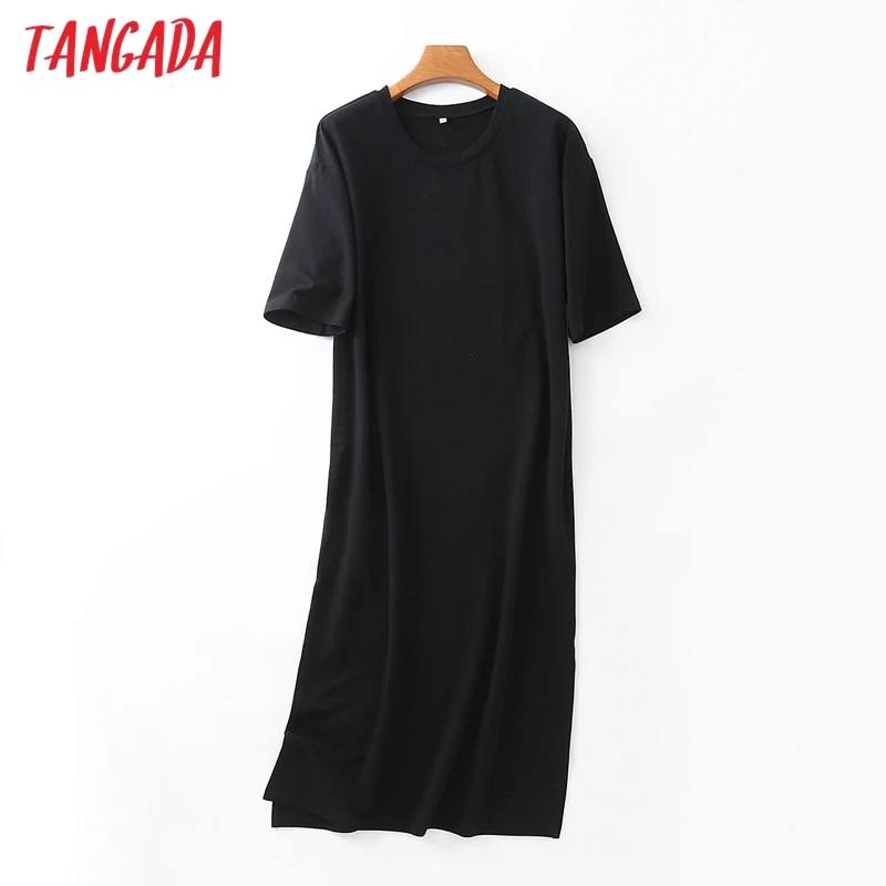 Tangada 2021 Women Elegant 95% Cotton Sweatshirt Dress Oversized Short Sleeve Side Open Ladies Midi Dress 6L60