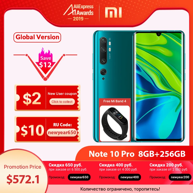 

Global Version Xiaomi Mi Note 10 Pro 8GB 256GB Smartphone Snapdragon 730G Octa Core 5260mAh 6.47" 2340*1080 108MP Mobile Phone