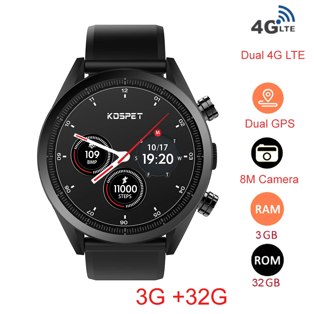 Kospet Hope 4G Бизнес Смарт часы для мужчин телефон Android7.1.1 3 ГБ+ 32 ГБ 1,3" AMOLED wifi/gps/ГЛОНАСС 8.0MP MT6739 Smartwatch для женщин