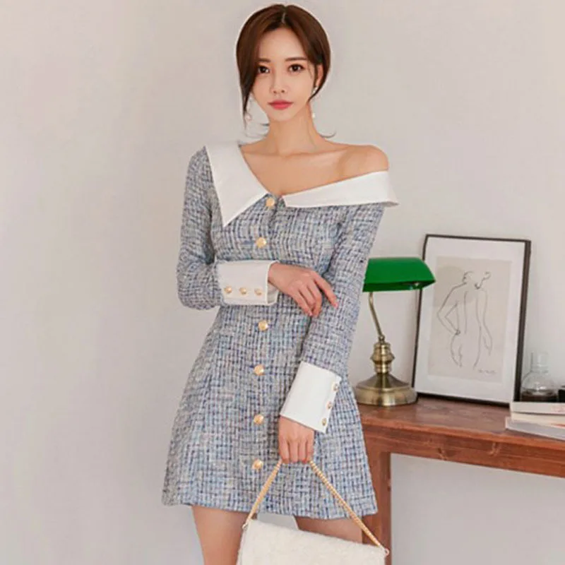 

Foamlina Korean Fashion Women Tweed Dress 2019 Autumn Color Block One Shoulder Long Sleeved Buttons A line Short Dress