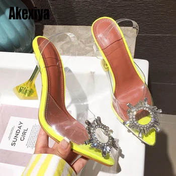 

2020 Yellow PVC Transparent Women Sandals Crystal Pointy Toe High Heels Shoes Woman fashion Heel Back Strap Pumps Sandals s364