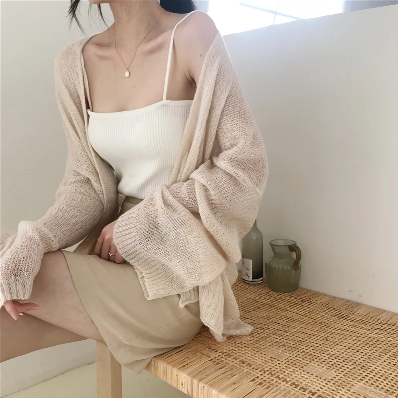 

Vintage Chic Women Summer Thin Ice Silk Cardigans Korean Long Sleeve Knitted Cardigan Lady V Neck Shawl Sweater Sunscreen Shirt