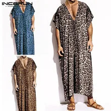 Мужские халаты с леопардовым принтом, повседневная одежда для сна, домашняя одежда с коротким рукавом и v-образным вырезом, свободные Модные мужские халаты, мусульманский кафтан INCERUN S-3XL