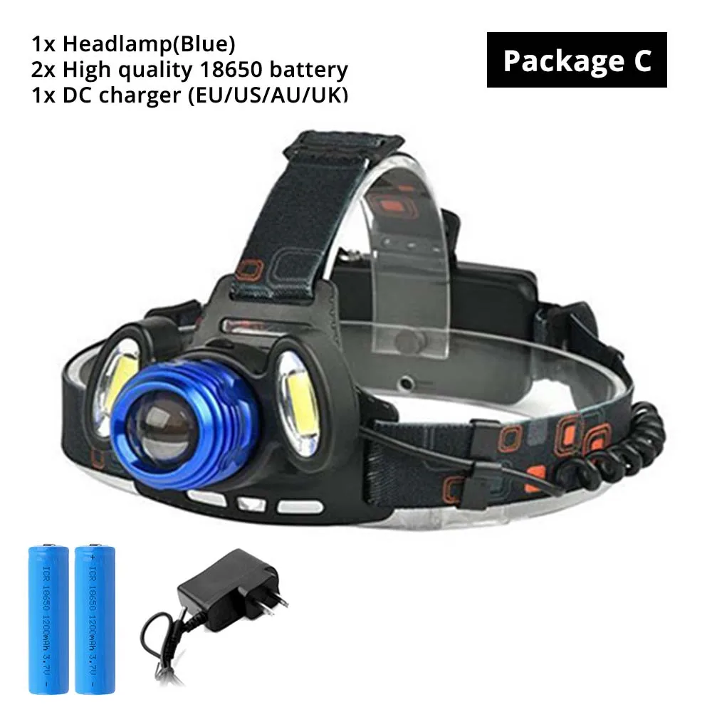 Супер яркий светодиодный налобный фонарь T6+ COB светодиодный налобный фонарь 4 режима освещения масштабируемый для рыбалки, ночной езды, кемпинга, приключений и т. д - Испускаемый цвет: PackageC(blue)